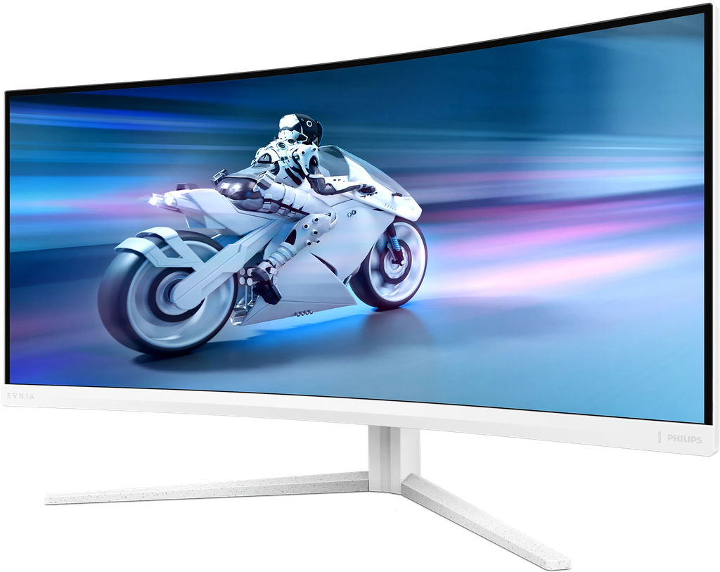 Vue de face de l'écran PC gamer incurvé PHILIPS EVNIA 34 pouces blanc avec résolution UWQHD et taux de rafraîchissement 180Hz pour FlowUP