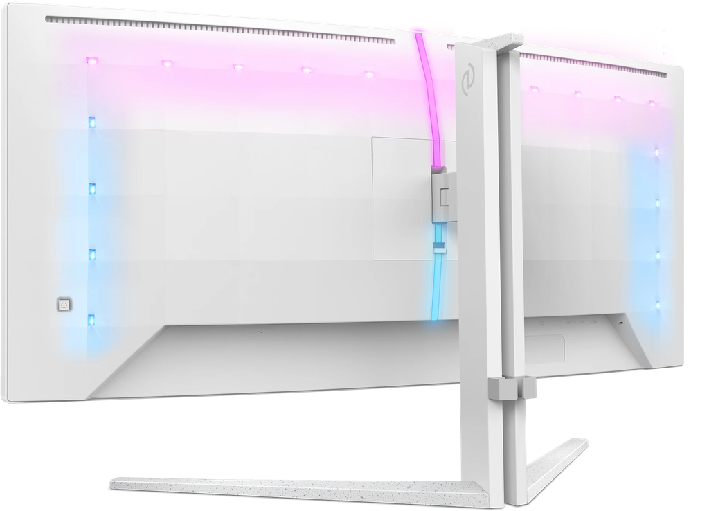 Vue arrière de l'écran PC gamer incurvé PHILIPS EVNIA 34 pouces blanc avec éclairage Ambiglow et pied ergonomique pour setup FlowUP