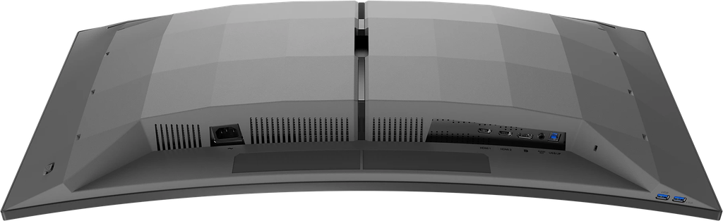 Vue de dessous de l'écran PC gamer incurvé Philips Evnia 34 pouces montrant ses connectiques incluant les ports HDMI, DisplayPort et hub USB pour setup FlowUP