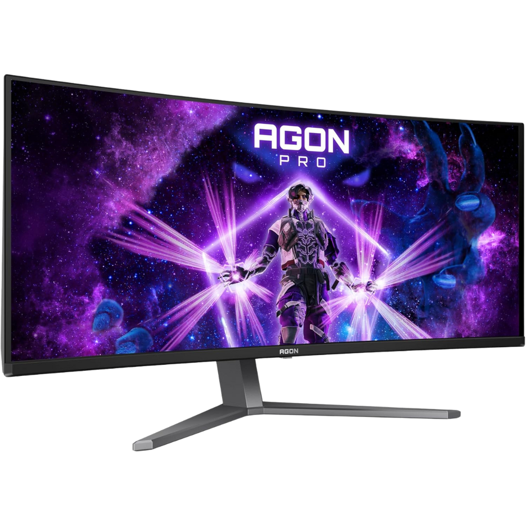 Vue de trois-quarts de l'écran PC gamer incurvé AOC Agon Pro 34 pouces montrant son pied ergonomique et son design moderne pour setup FlowUP