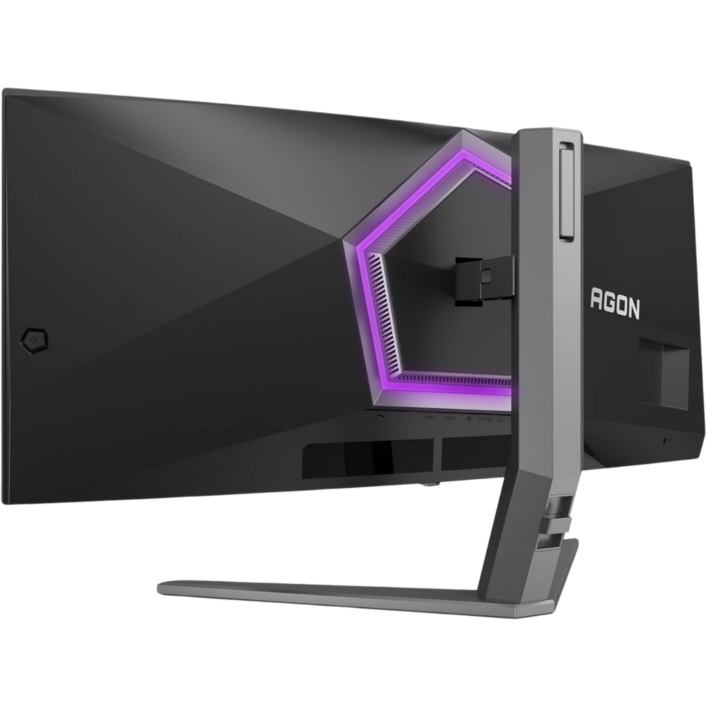Vue arrière de trois-quarts de l'écran PC gamer incurvé AOC Agon Pro 34 pouces montrant l'éclairage LED violet et le pied ergonomique pour setup FlowUP