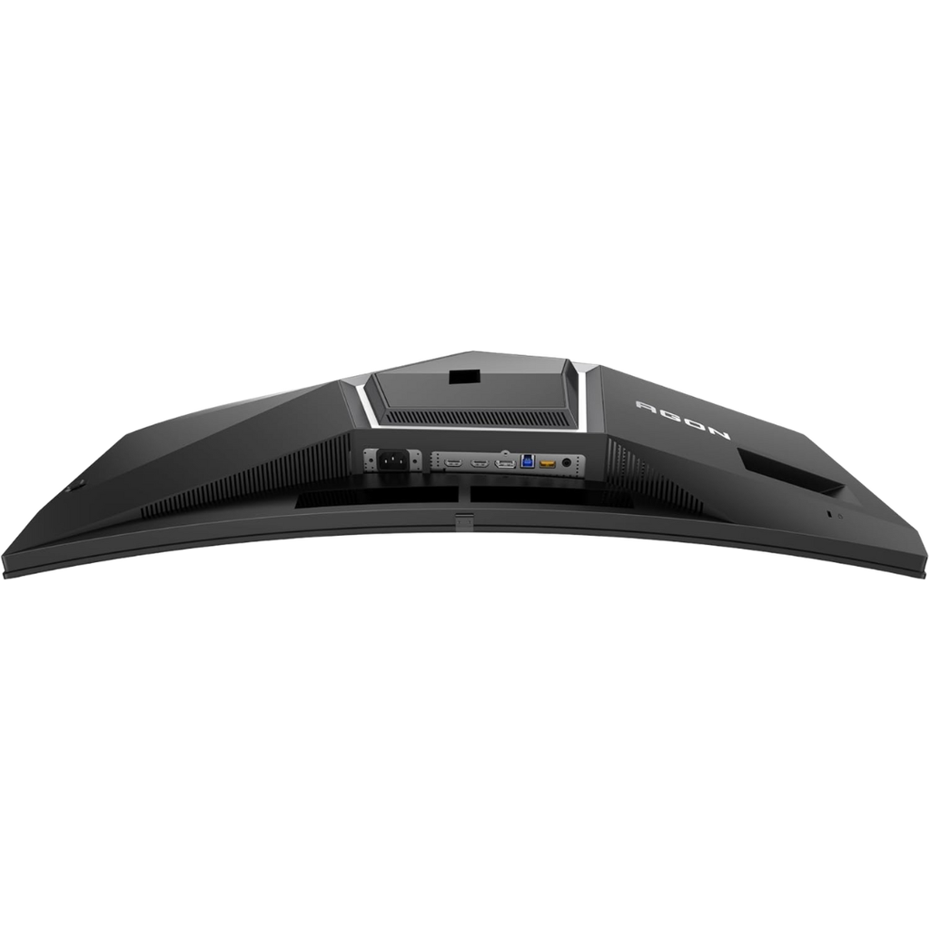Vue de dessous de l'écran PC gamer incurvé AOC Agon Pro 34 pouces montrant ses connectiques incluant les ports HDMI et DisplayPort pour setup FlowUP