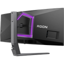 Vue arrière de trois-quarts de l'écran PC gamer incurvé AOC Agon Pro 34 pouces montrant l'éclairage LED violet et le pied ergonomique pour setup FlowUP