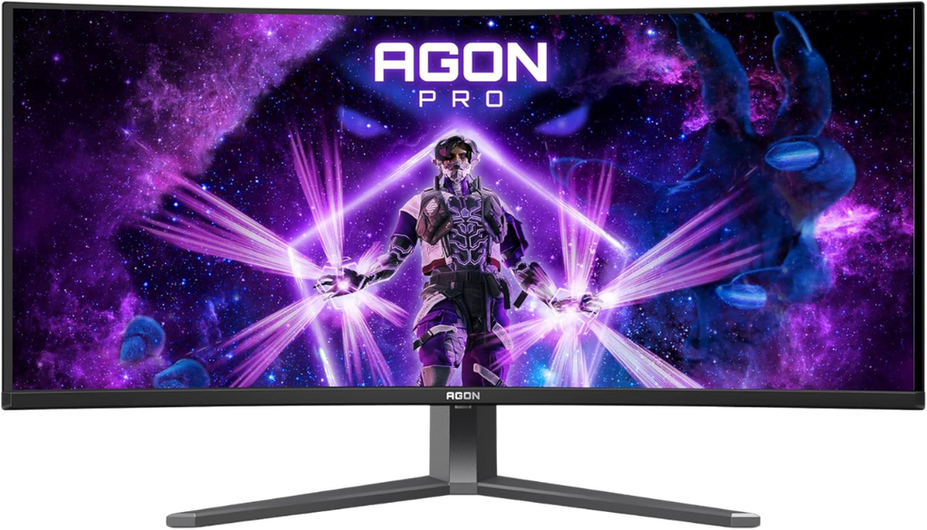 Vue de face de l'écran PC gamer incurvé AOC Agon Pro 34 pouces montrant son pied ergonomique et son design moderne pour setup FlowUP