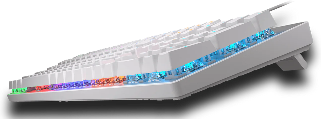 Vue de profil clavier mécanique Cougar Ultimus EX blanc avec switches mécaniques rétroéclairés RGB FlowUP