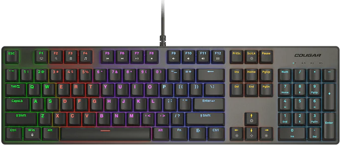 Vue de face clavier mécanique Cougar Ultimus EX noir avec rétroéclairage RGB multicolore et châssis en acier brossé FlowUP