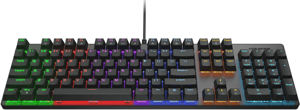 Vue de face clavier mécanique Cougar Ultimus EX noir avec rétroéclairage RGB multicolore et châssis en acier brossé FlowUP