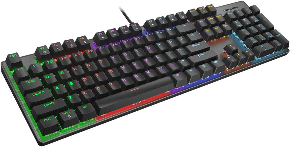 Vue de trois quarts clavier mécanique Cougar Ultimus EX noir avec rétroéclairage RGB multicolore et châssis en acier brossé FlowUP