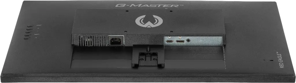 Vue de dessous de l'écran iiyama G-Master G2770HS montrant le port d'alimentation et la connectique HDMI, DisplayPort ainsi que la prise jack