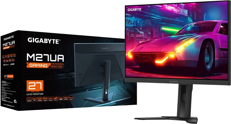 Vue de l'écran PC gamer GIGABYTE M27UA 27 pouces UHD 4K à côté de sa boîte d'emballage d'origine pour FlowUP