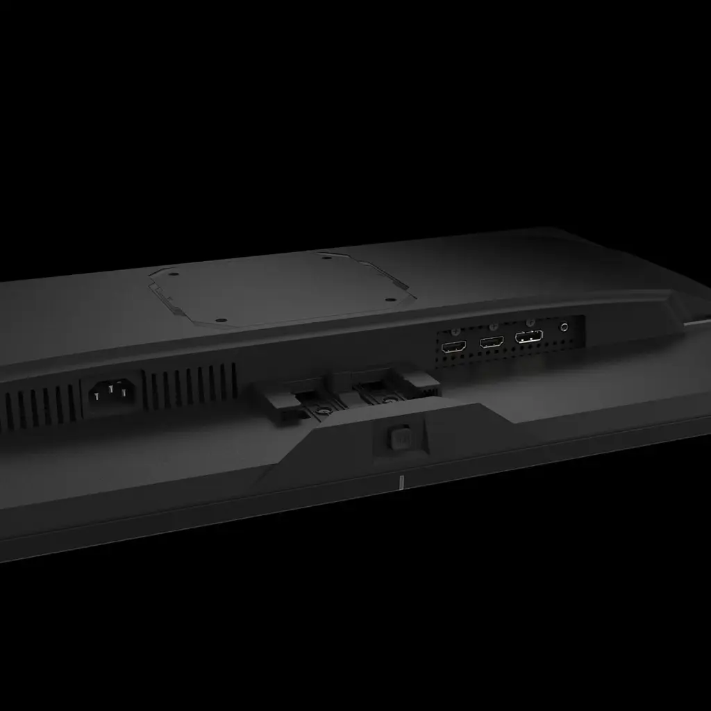 Vue de dessous de l'écran PC gamer GIGABYTE GS27U 27 pouces UHD 4K avec ports HDMI et DisplayPort pour setup FlowUP