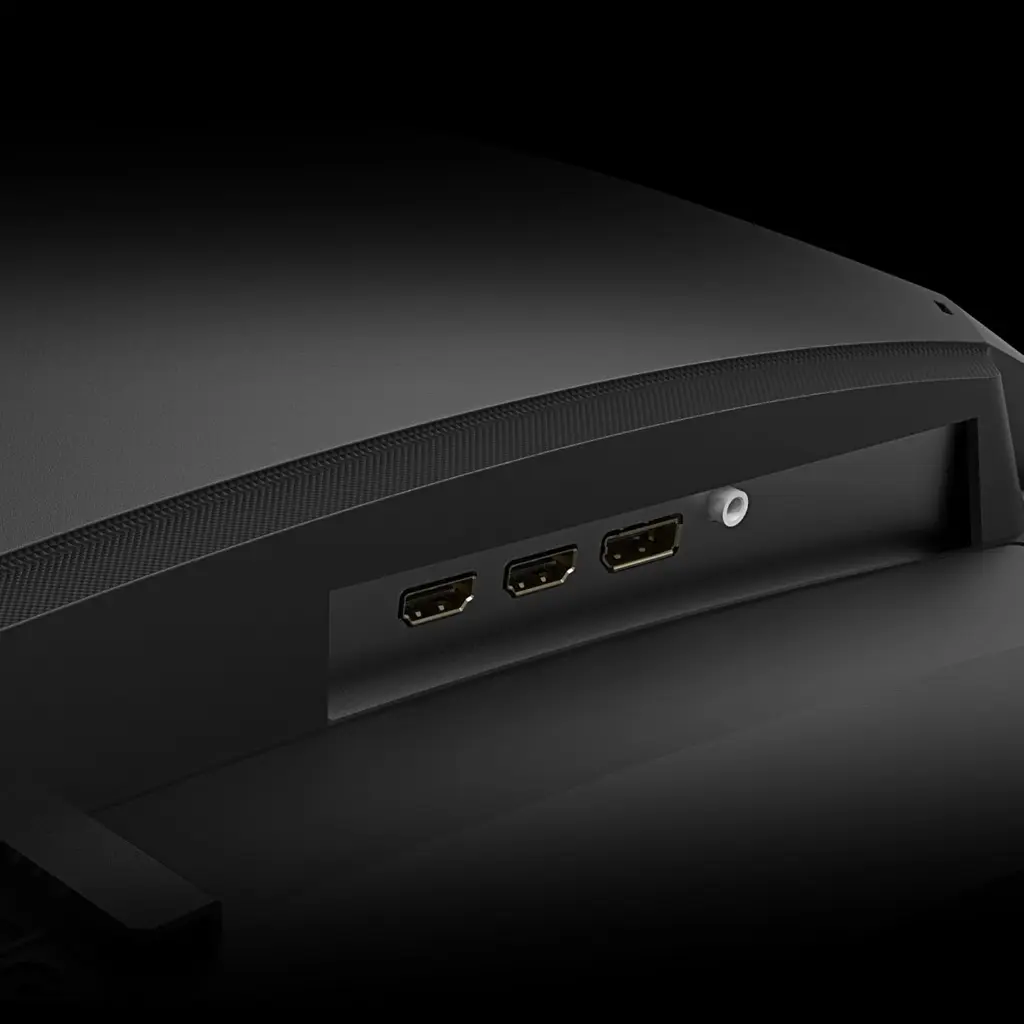 Vue rapprochée des ports HDMI et DisplayPort à l'arrière d'un écran PC gamer incurvé GIGABYTE GS32QCA pour setup FlowUP