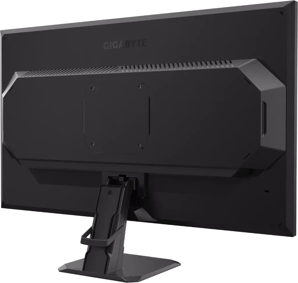 Vue arrière du moniteur GIGABYTE mettant en évidence son design épuré, son châssis noir mat et la structure robuste de son pied de support central