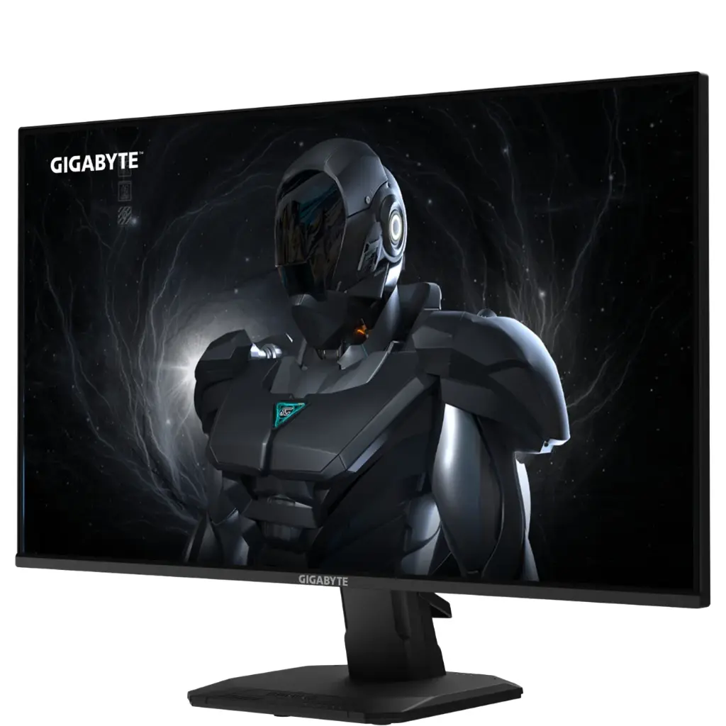 Vue de face de l'écran PC gamer Gigabyte 24 pouces affichant un cyborg futuriste en armure noire sur un fond spatial sombre et nébuleux avec le logo Gigabyte en haut à gauche