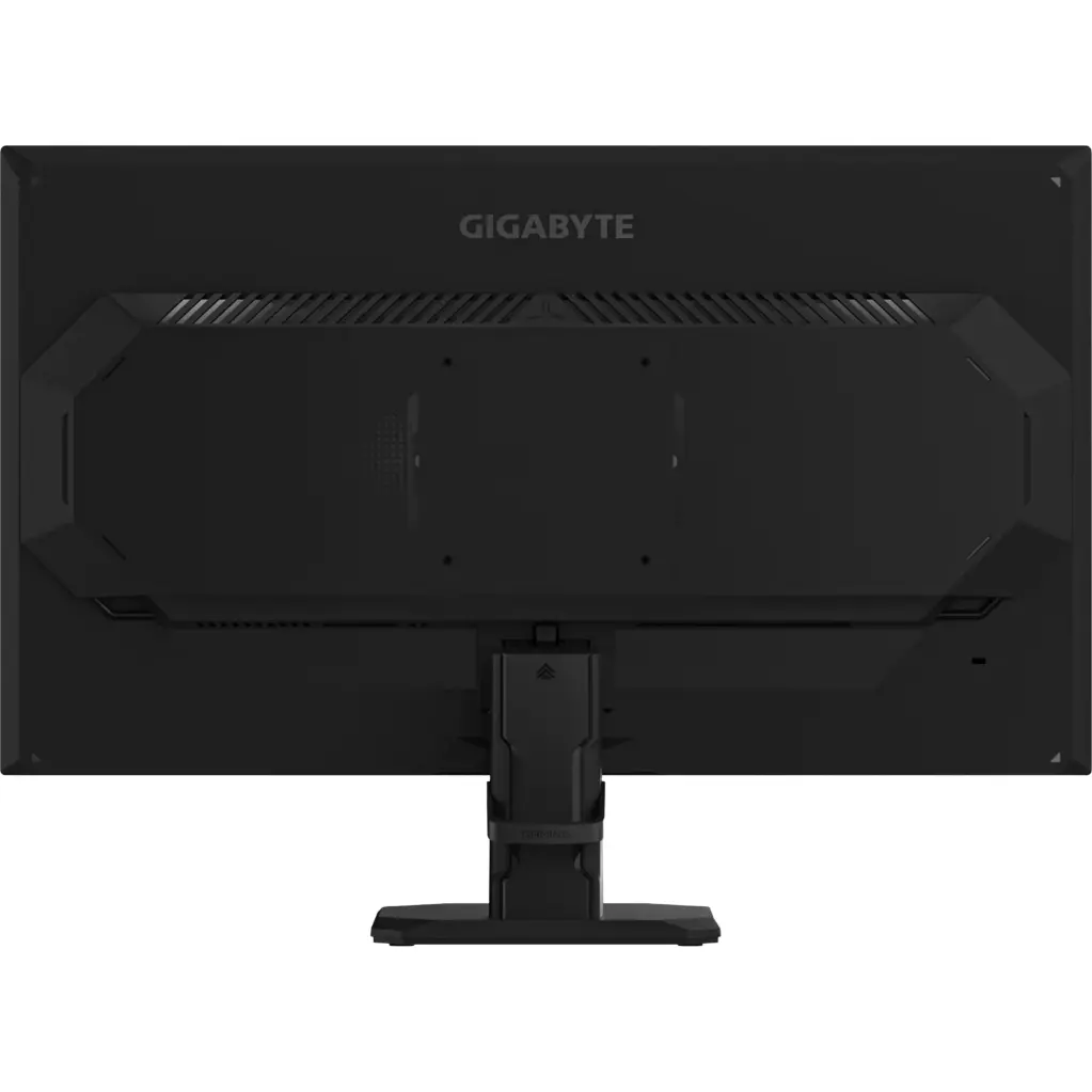 Vue arrière de l'écran PC gamer Gigabyte montrant son design noir mat robuste, le logo de la marque et les fentes d'aération supérieures