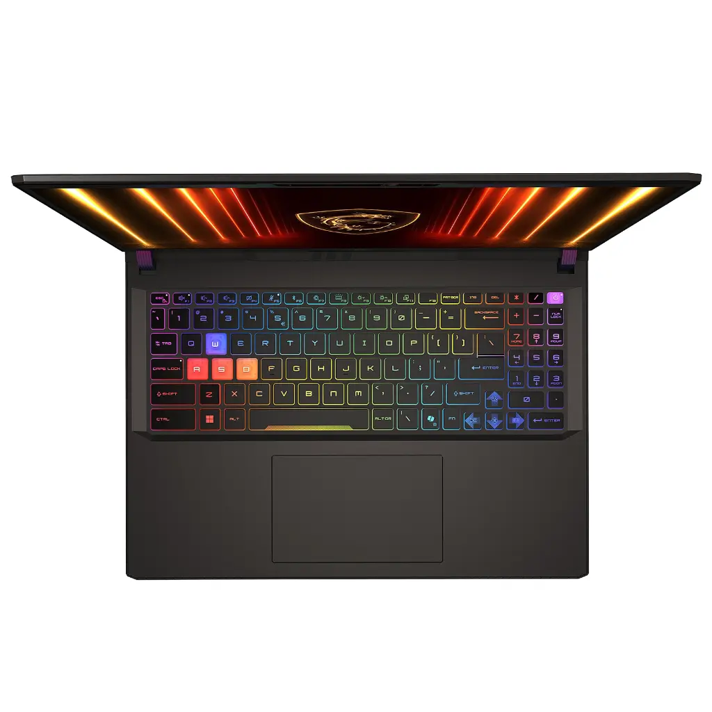 Vue de dessus d'un PC portable gamer MSI Vector noir montrant son clavier rétroéclairé RGB multicolore et son large pavé tactile précis