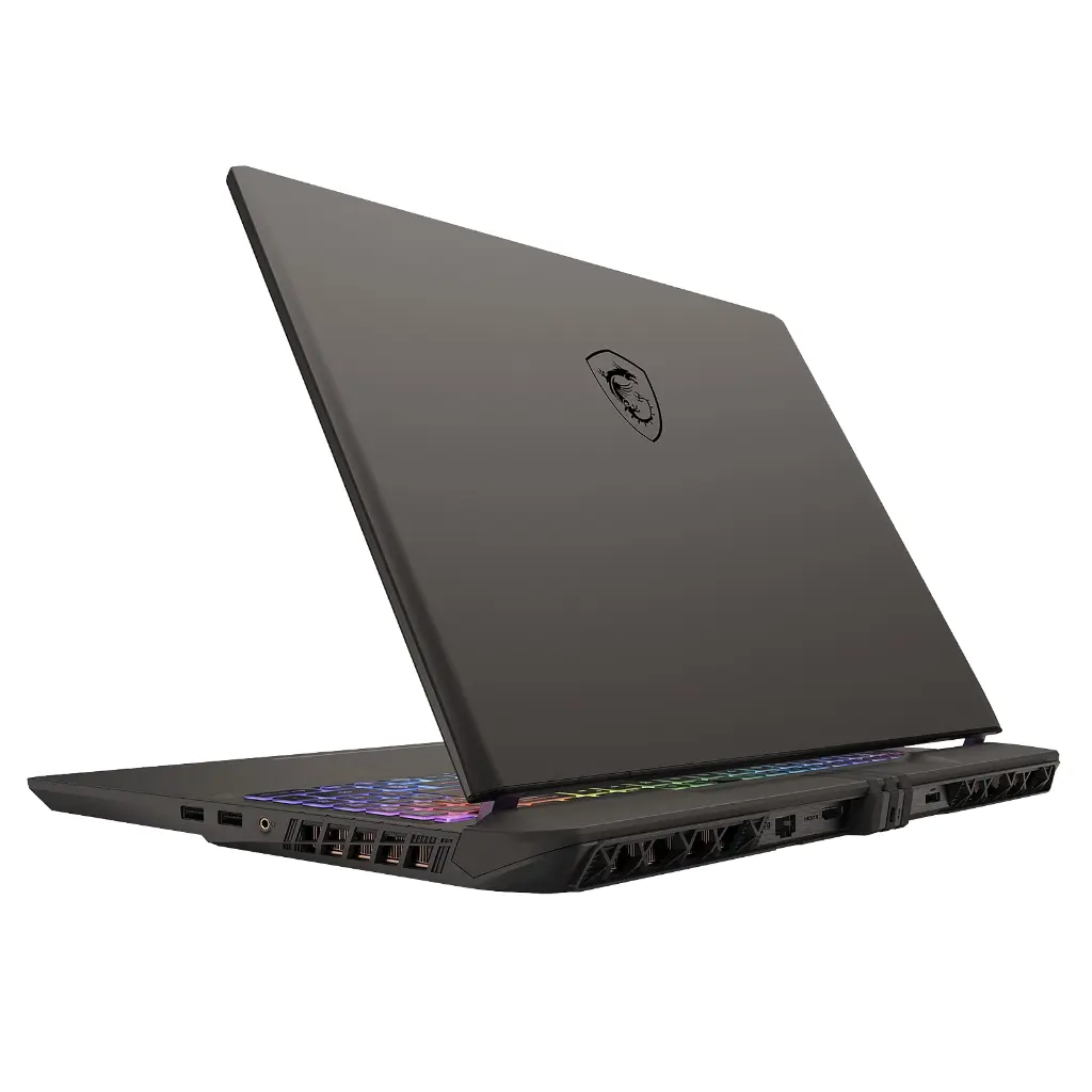 Vue arrière de l'ordinateur portable MSI Vector noir avec logo dragon MSI capot refermé et ports de connexion HDMI USB et Ethernet visibles