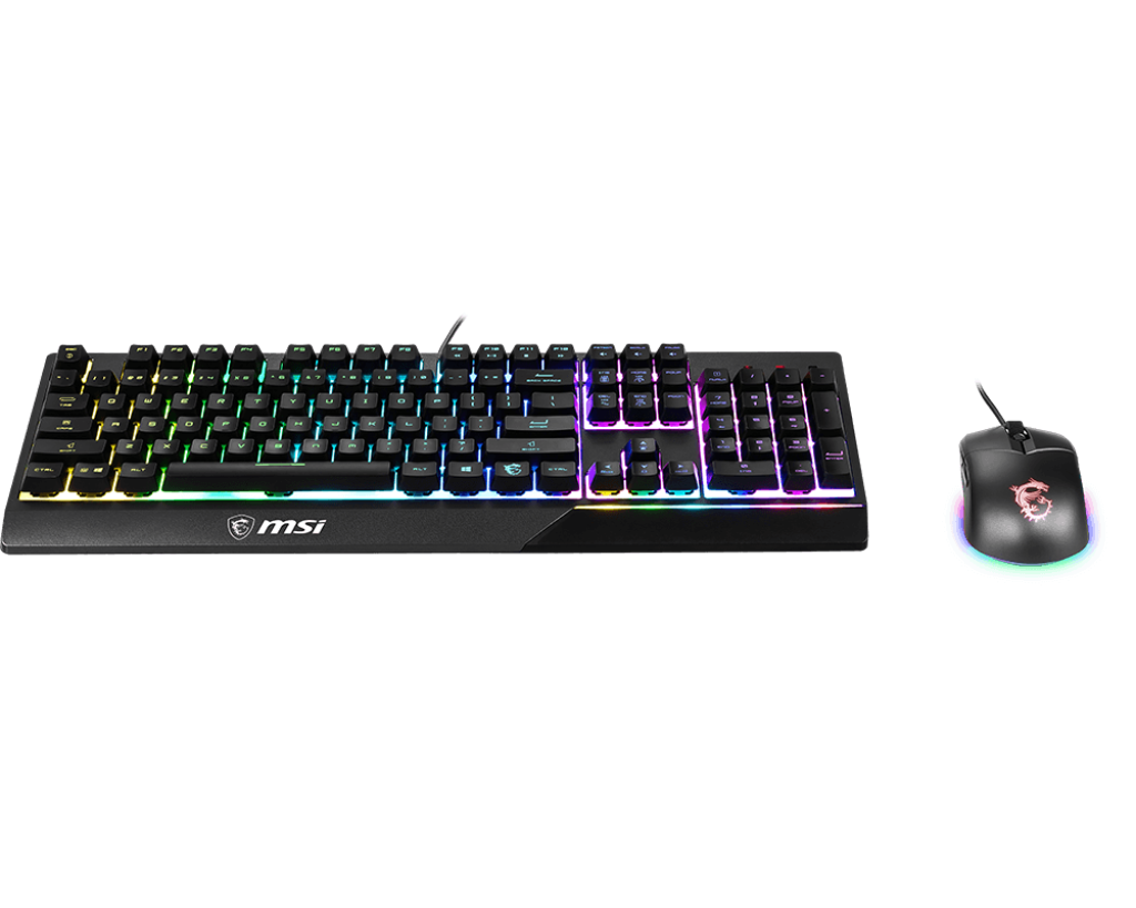Vue de face ensemble clavier souris MSI Vigor GK30 Combo FR noir avec éclairage RGB personnalisable et touches méca membrane FlowUP