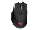 Vue de dessus souris gaming sans fil MSI Versa Pro Wireless noire avec logo rétroéclairé RGB et capteur 26000 DPI FlowUP