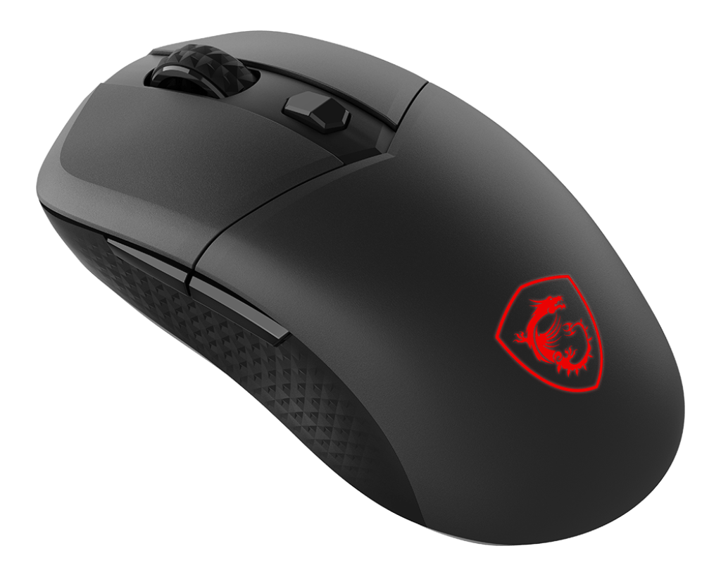Vue de profil de la souris gamer sans fil MSI Versa 300 noire montrant son design léger et son logo RGB pour setup PC gamer FlowUP