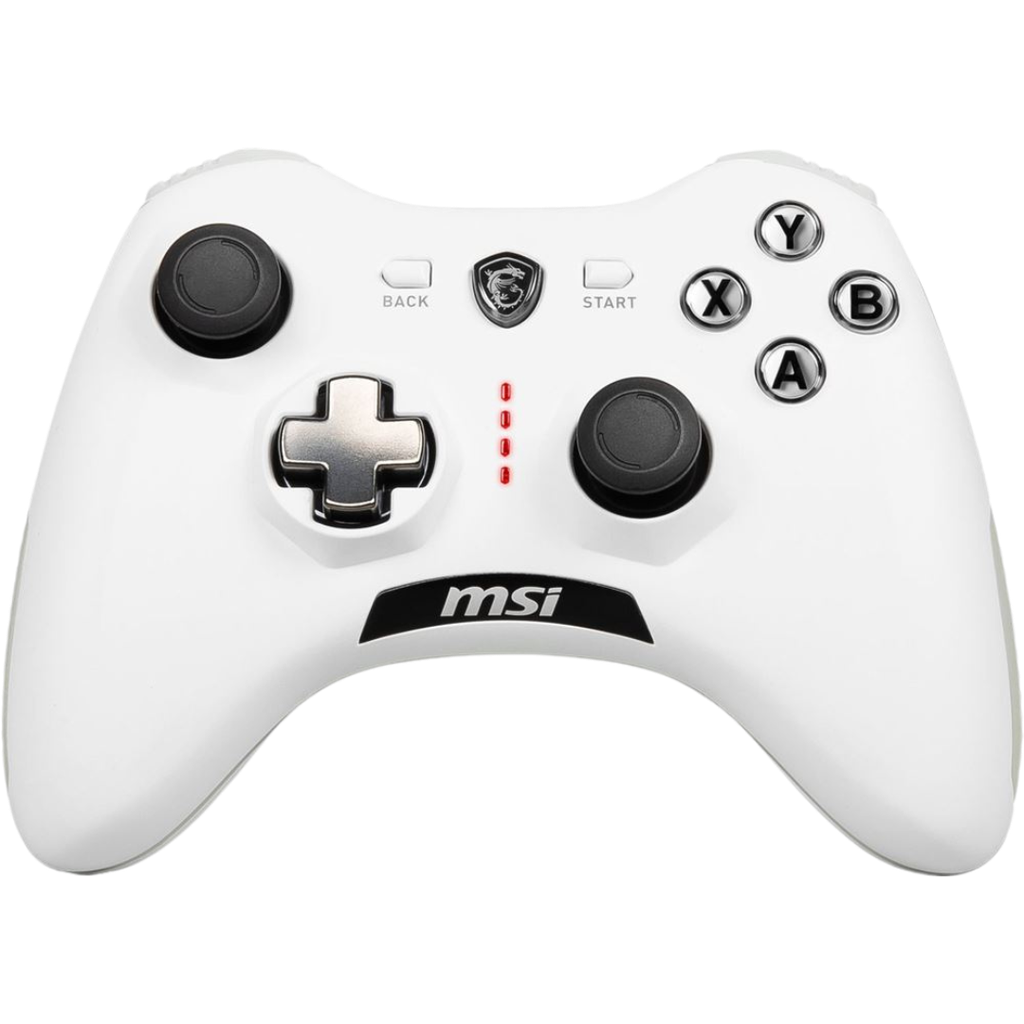 Manette PC MSI Force GC20 V2 blanche de face avec sticks analogiques asymétriques et croix directionnelle interchangeable FlowUP