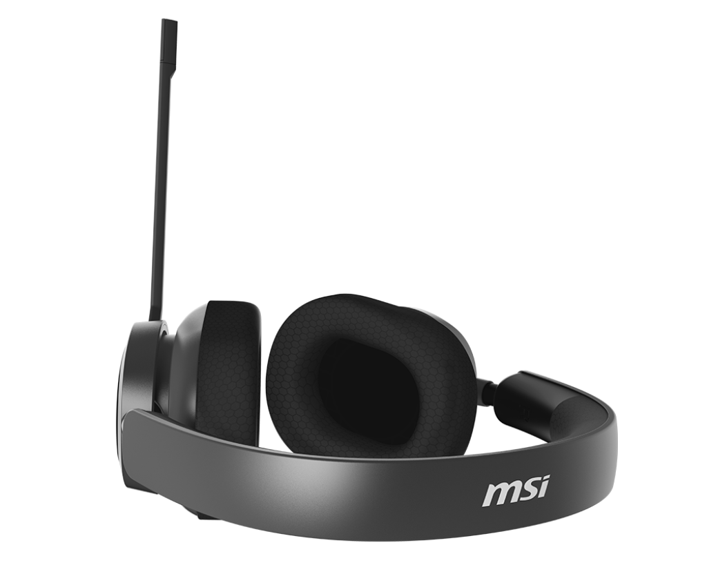 Vue arrière casque gaming MSI Maestro 300 noir posé montrant l'intérieur des oreillettes et le logo MSI sur l'arceau FlowUP
