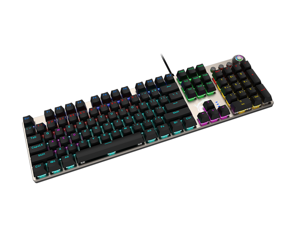 Vue de trois quarts clavier mécanique MSI Forge GK310 Red FR sans son châssis supérieur montrant les switches rouges et le RGB FlowUP