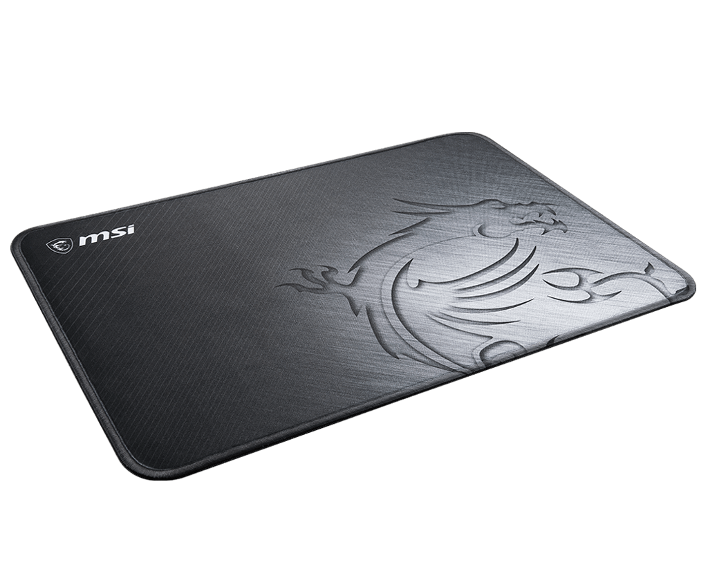 Vue de trois-quarts du tapis de souris gaming MSI AGILITY GD21 noir avec surface micro-texturée et logo dragon pour setup FlowUP