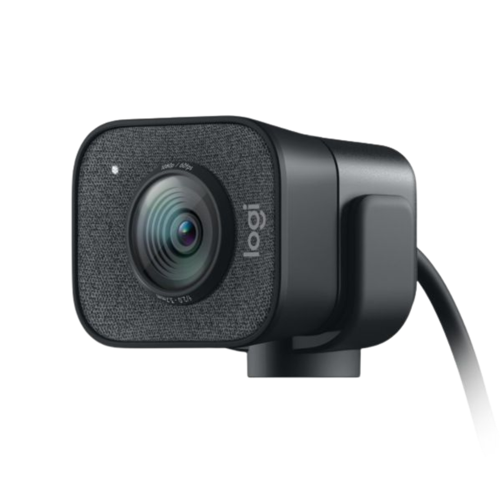 Vue de trois quarts webcam streaming Logitech StreamCam grise avec finition textile et capteur haute définition 1080p 60fps FlowUP