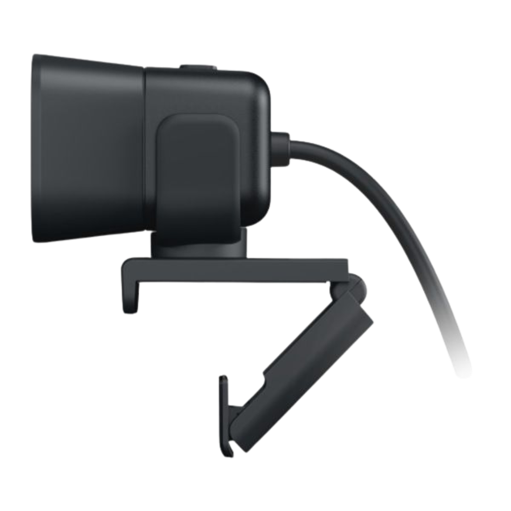Vue de profil webcam streaming Logitech StreamCam noire avec fixation moniteur ajustable et câble de connexion USB C FlowUP