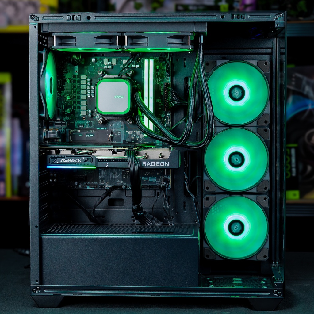 Vue d'ensemble interne du PC gamer Rift RX 9060 XT : carte graphique Sapphire Radeon, processeur AMD Ryzen 5 9600X sous un waterblock Arctic Liquid Freezer III 240 ARGB, et quatre ventilateurs ARGB rouges