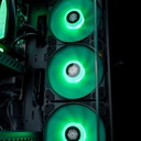 Vue rapprochée des trois ventilateurs de façade ARGB du PC gamer Rift RX 9060 XT, éclairés d'un rouge intense