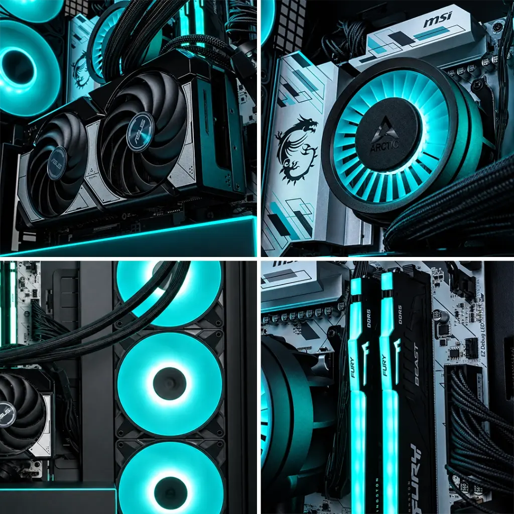 Composants internes du PC gamer Cheetoh Remastered avec watercooling Cooler Master et carte graphique GeForce RTX