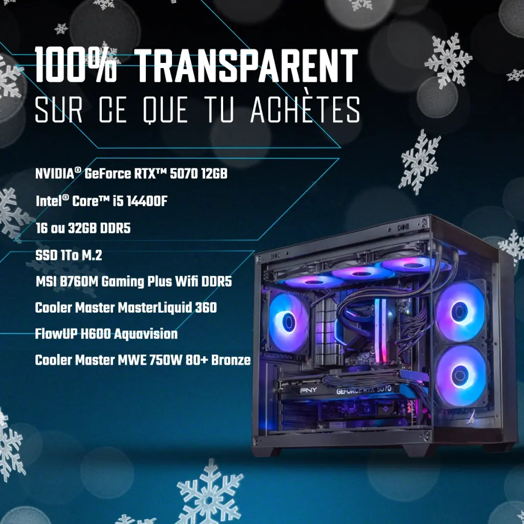 Vue d'ensemble interne du PC gamer Aqua montrant son boîtier FlowUP H600 Aquavision avec ses trois ventilateurs supérieurs, sa carte graphique PNY RTX 5070 et son système de refroidissement liquide, le tout éclairé par un ARGB multicolore