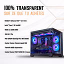 Vue d'ensemble interne du PC gamer Aqua montrant son boîtier FlowUP H600 Aquavision avec ses trois ventilateurs supérieurs, sa carte graphique PNY RTX 5070 et son système de refroidissement liquide, le tout éclairé par un ARGB multicolore