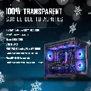 Vue d'ensemble interne du PC gamer Aqua montrant son boîtier FlowUP H600 Aquavision avec ses trois ventilateurs supérieurs, sa carte graphique PNY RTX 5070 et son système de refroidissement liquide, le tout éclairé par un ARGB multicolore