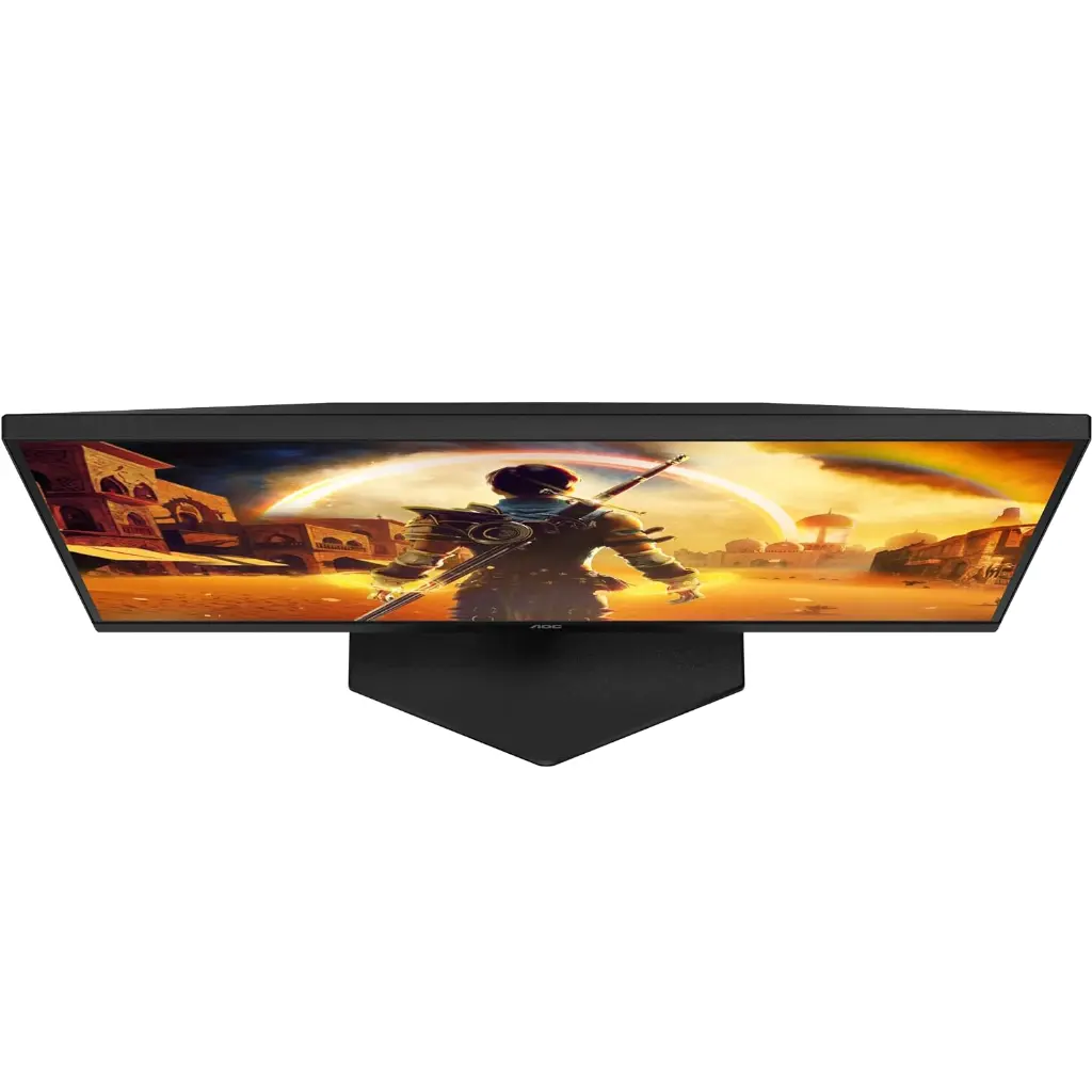 Vue de trois-quarts de l'écran PC gamer AOC 27 pouces affichant un guerrier de dos face à une cité antique sous un halo de lumière dorée