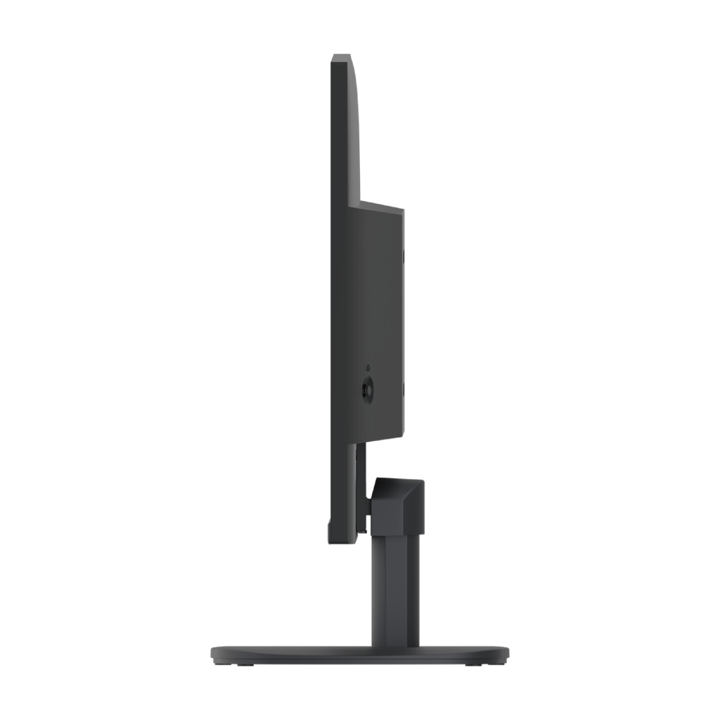 Vue de profil de l'écran plat Cooler Master noir soulignant la finesse de la dalle et la structure verticale de son pied de support discret