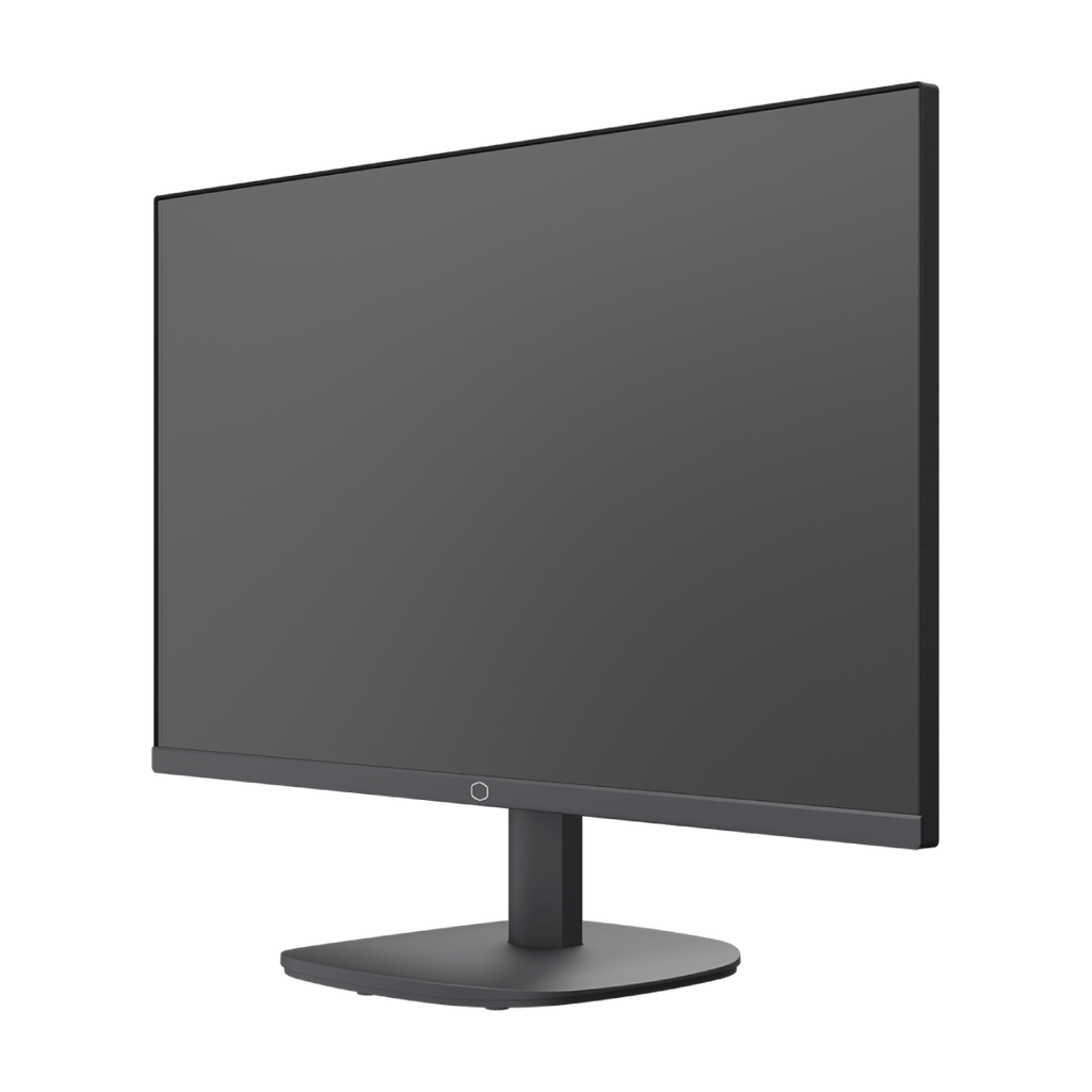 Vue de trois-quarts de l'écran plat Cooler Master noir éteint mettant en avant son design élégant et ses bordures latérales ultra fines