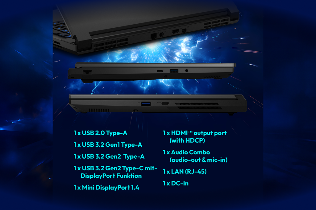 Connectiques USB HDMI Mini DisplayPort RJ45 et audio du PC portable gamer ERAZER Deputy P1 RTX 5060 Intel Core 5 210H 16Go DDR5 144Hz