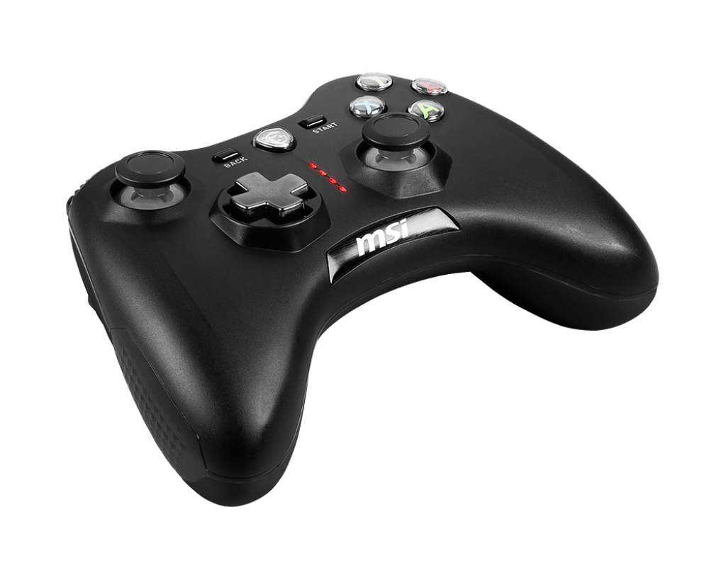 Vue latérale manette PC MSI Force GC30 V2 soulignant le design ergonomique et les grips texturés pour le gaming FlowUP