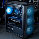 Vue d'ensemble interne du PC Savannah FlowUP montrant la carte graphique PNY GeForce RTX 5060 Ti, le système de watercooling AZZA et les ventilateurs MSI ARGB bleus