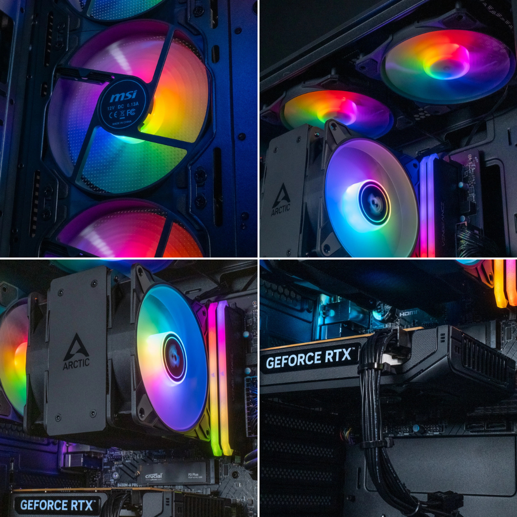 Gros plan sur les composants du PC Typhoon : ventirad Arctic Freezer 36 ARGB, ventilateurs MSI et carte graphique GeForce RTX