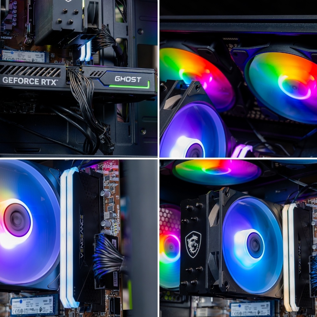 Gros plan sur les composants du PC Typhoon : ventirad Arctic Freezer 36 ARGB, ventilateurs MSI et carte graphique GeForce RTX