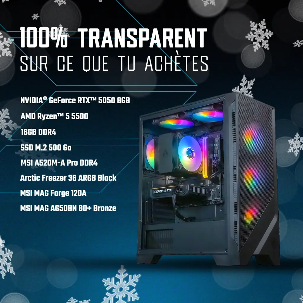 Fiche technique détaillée du PC gamer Typhoon FlowUP : NVIDIA RTX 5050 8GB, AMD Ryzen 5 5500, 16Go RAM et SSD 500Go
