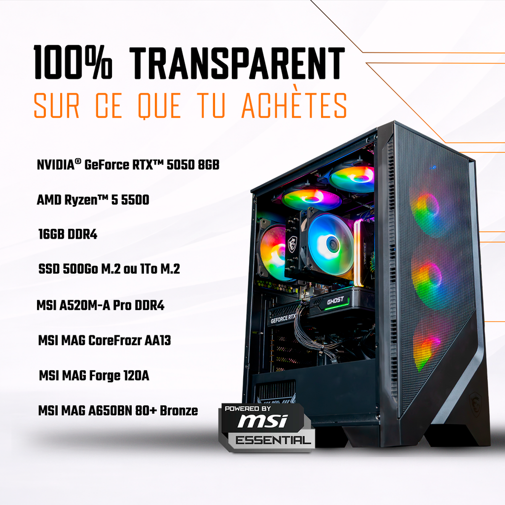 Fiche technique détaillée du PC gamer Typhoon FlowUP : NVIDIA RTX 5050 8GB, AMD Ryzen 5 5500, 16Go RAM et SSD 500Go
