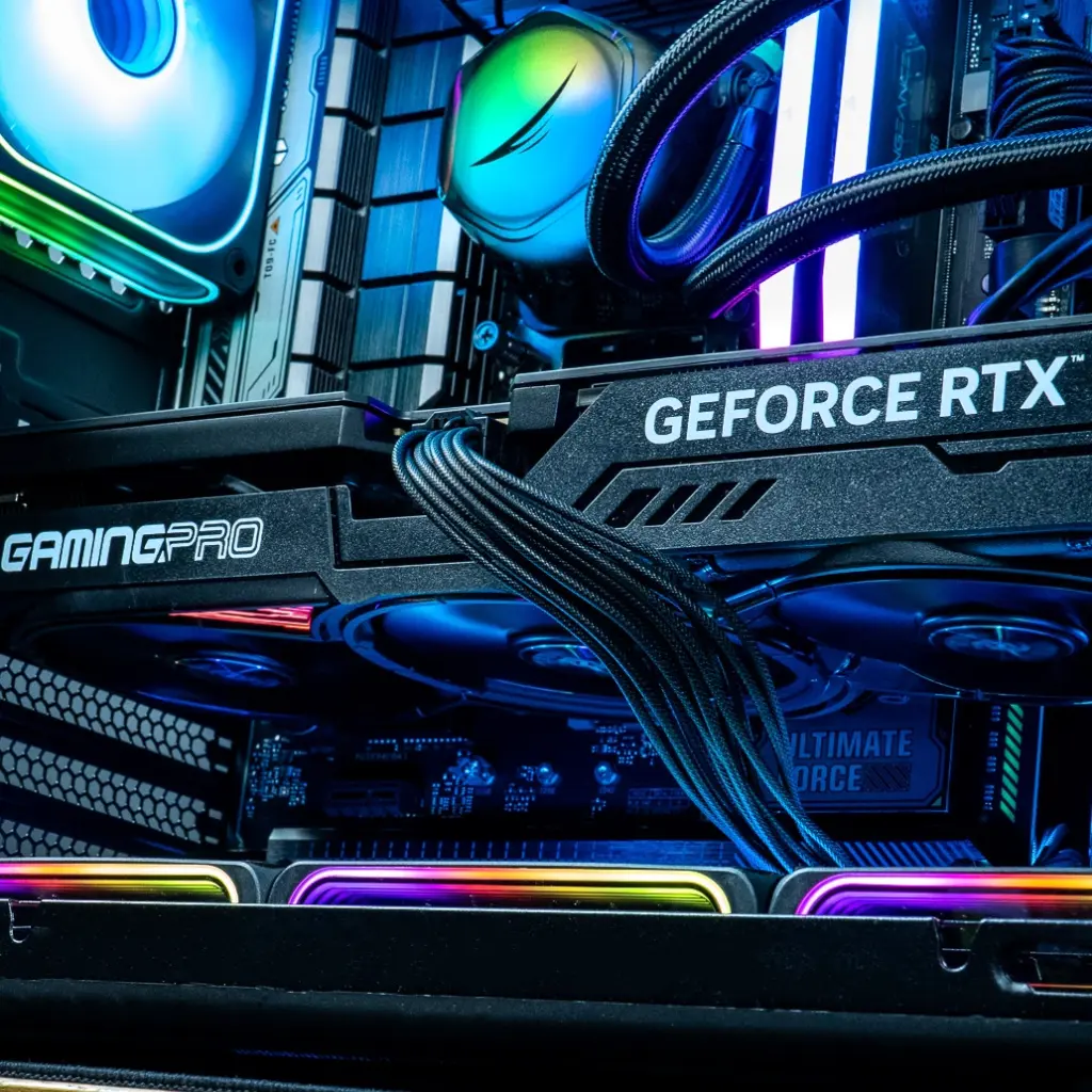 Vue rapprochée de la carte graphique GamingPro NVIDIA GeForce RTX™ 5070 Ti installée dans le PC gamer Rainbow V2