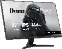 Vue de trois-quarts de l'écran PC iiyama 27 pouces affichant un casque de pilote futuriste avec ses caractéristiques 144Hz et dalle IPS