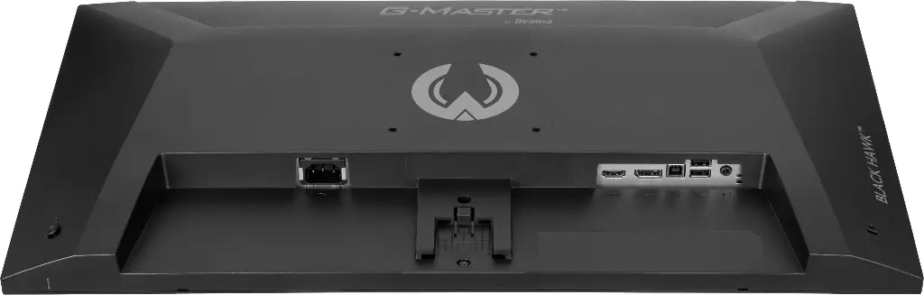 Vue de dessous de la dalle du moniteur iiyama 27 pouces révélant sa connectique avec le port d'alimentation à gauche et les ports HDMI, DisplayPort, USB et jack audio à droite