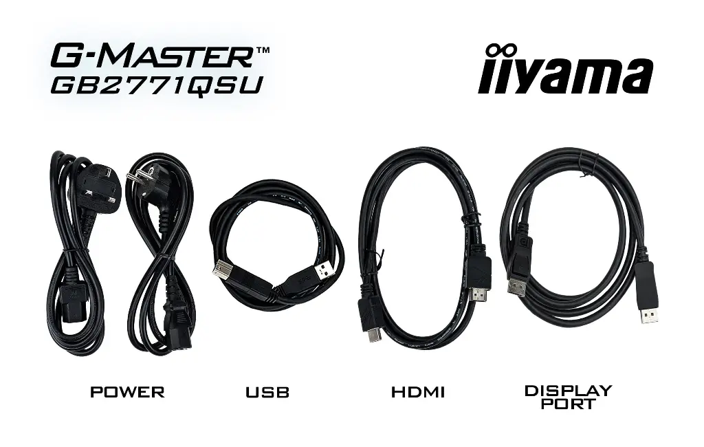 Accessoires écran PC gamer IIyama G Master GB2771QSU câbles alimentation USB HDMI DisplayPort inclus
